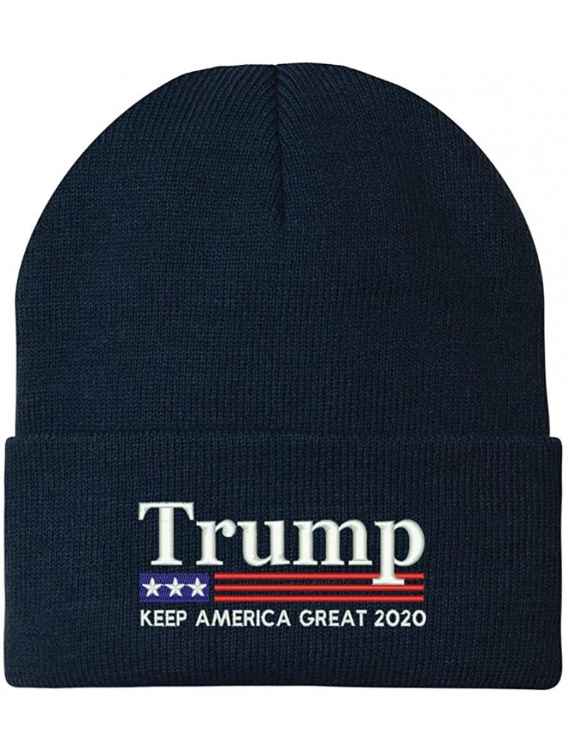 Skullies & Beanies Trump Keep America Great 2020 Flag Embroidered Winter Knitted Long Beanie - Navy - C518X9UAE0N $14.28