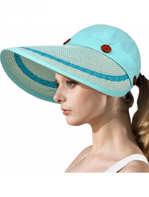 Sun Hats Womens UV Protection Hats Sun Visor for Girls Foldable Large Brim UPF Beach Ponytail Fishing Cap - Light Blue - C618...