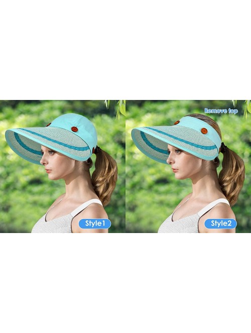 Sun Hats Womens UV Protection Hats Sun Visor for Girls Foldable Large Brim UPF Beach Ponytail Fishing Cap - Light Blue - C618...