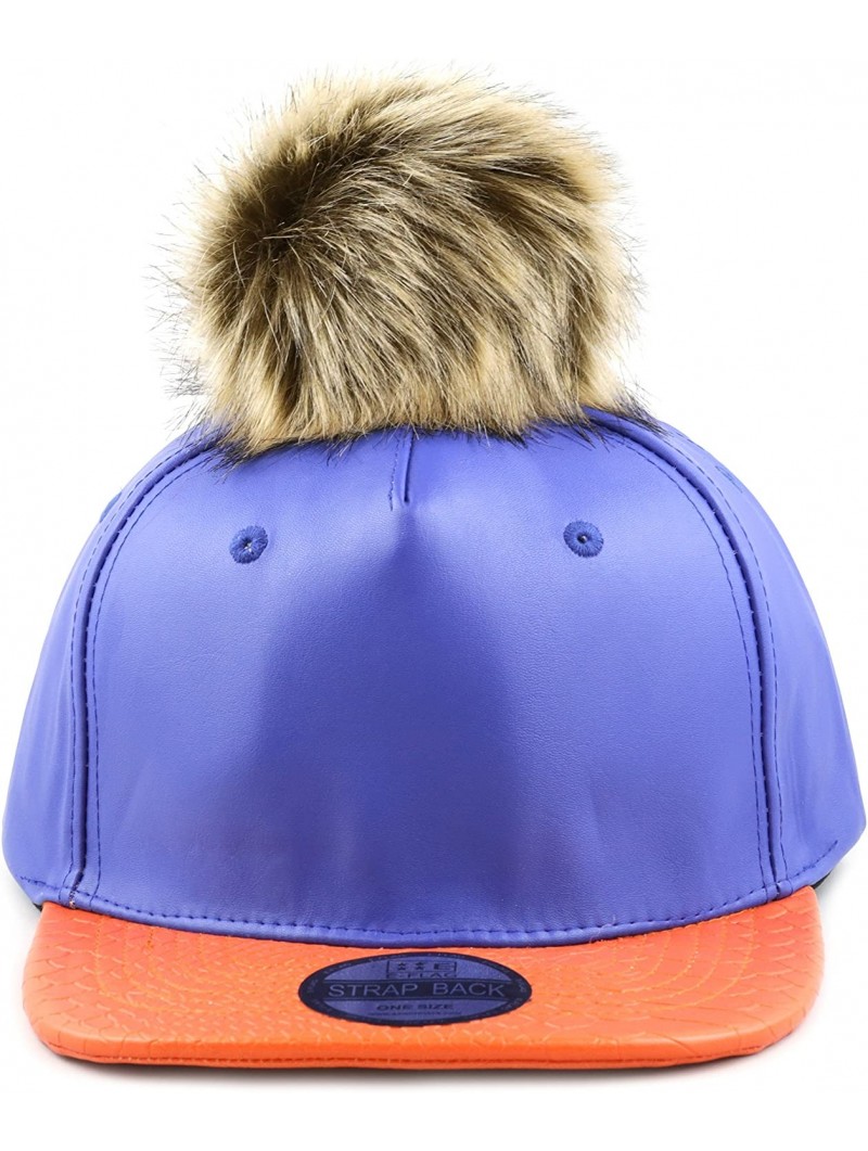 Baseball Caps Premium Quality Faux Fur Pom Pom Buckle Closure Flat Bill PU Cap - Royal Orange - C812FY5LCH7 $14.38