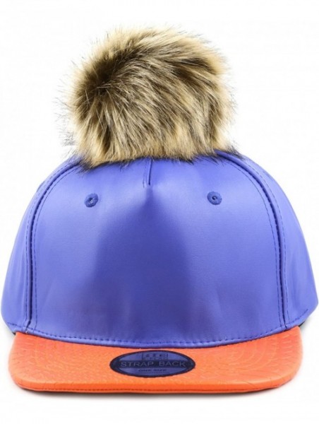 Baseball Caps Premium Quality Faux Fur Pom Pom Buckle Closure Flat Bill PU Cap - Royal Orange - C812FY5LCH7 $14.38