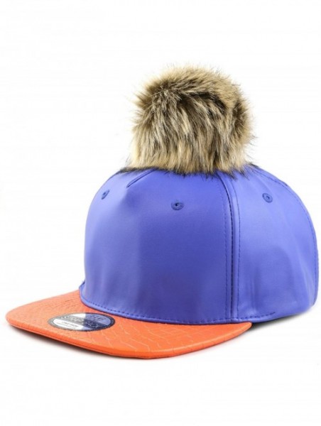 Baseball Caps Premium Quality Faux Fur Pom Pom Buckle Closure Flat Bill PU Cap - Royal Orange - C812FY5LCH7 $14.38