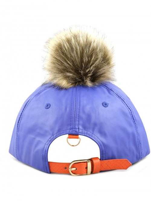 Baseball Caps Premium Quality Faux Fur Pom Pom Buckle Closure Flat Bill PU Cap - Royal Orange - C812FY5LCH7 $14.38