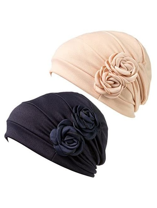 Skullies & Beanies Print Flower Cap Cancer Hats Beanie Stretch Casual Turbans for Women - Beige+navy Blue - CX18DK6QGDE $29.59