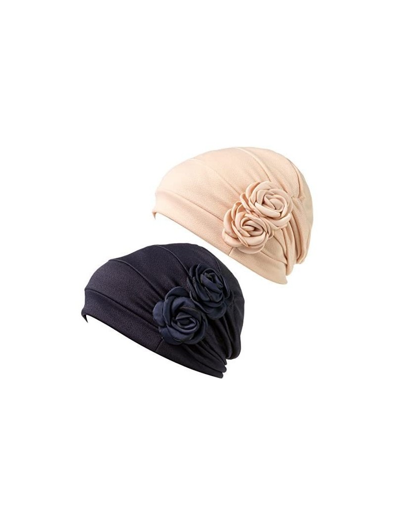 Skullies & Beanies Print Flower Cap Cancer Hats Beanie Stretch Casual Turbans for Women - Beige+navy Blue - CX18DK6QGDE $29.59