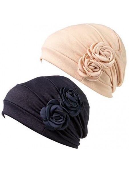 Skullies & Beanies Print Flower Cap Cancer Hats Beanie Stretch Casual Turbans for Women - Beige+navy Blue - CX18DK6QGDE $29.59