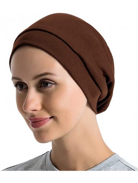 Skullies & Beanies Satin Lined Sleep Cap Cotton Slap Hat Slouchy Beanie Night Bonnet - Coffee - CQ18XGU24YR $11.54