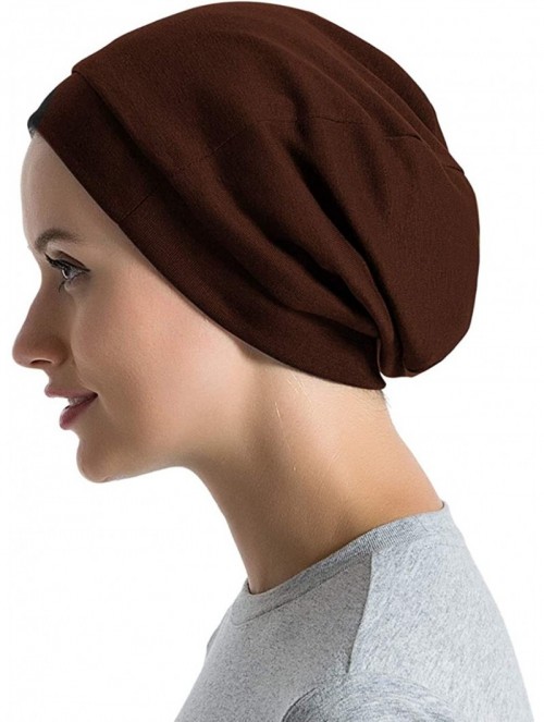 Skullies & Beanies Satin Lined Sleep Cap Cotton Slap Hat Slouchy Beanie Night Bonnet - Coffee - CQ18XGU24YR $11.54