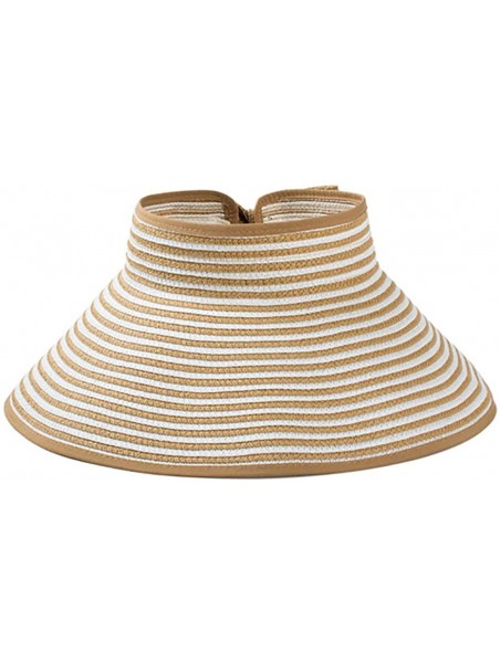 Sun Hats Women's Summer Foldable Straw Sun Visor w/Cute Bowtie Comfortable Beach Cap - Stripe Khaki - CG196EI4ANG $20.42