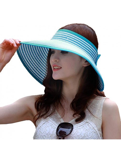 Sun Hats Women's Summer Foldable Straw Sun Visor w/Cute Bowtie Comfortable Beach Cap - Stripe Khaki - CG196EI4ANG $20.42