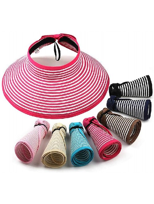 Sun Hats Women's Summer Foldable Straw Sun Visor w/Cute Bowtie Comfortable Beach Cap - Stripe Khaki - CG196EI4ANG $20.42