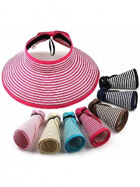 Sun Hats Women's Summer Foldable Straw Sun Visor w/Cute Bowtie Comfortable Beach Cap - Stripe Khaki - CG196EI4ANG $20.42