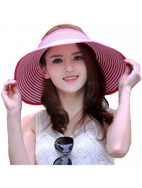 Sun Hats Women's Summer Foldable Straw Sun Visor w/Cute Bowtie Comfortable Beach Cap - Stripe Khaki - CG196EI4ANG $20.42