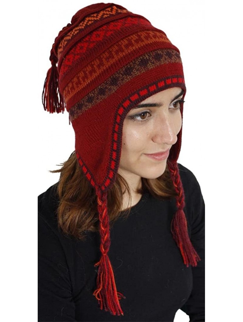 Skullies & Beanies Superfine 100% Alpaca Wool Handmade Intarsia Chullo Ski Hat Beanie Aviator Winter - Red - CF124HREJSR $33.74