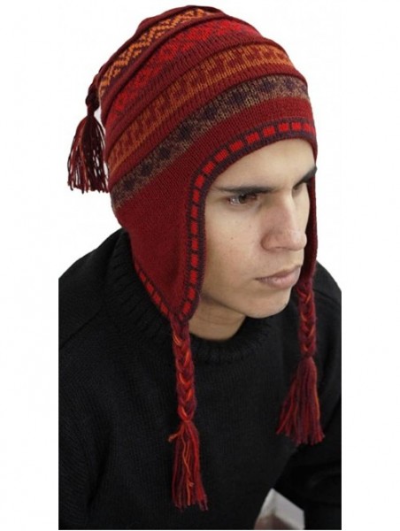 Skullies & Beanies Superfine 100% Alpaca Wool Handmade Intarsia Chullo Ski Hat Beanie Aviator Winter - Red - CF124HREJSR $33.74