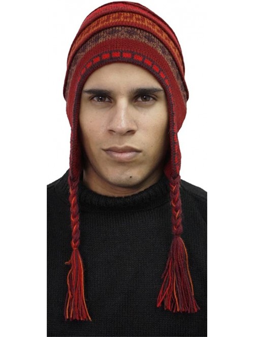 Skullies & Beanies Superfine 100% Alpaca Wool Handmade Intarsia Chullo Ski Hat Beanie Aviator Winter - Red - CF124HREJSR $33.74