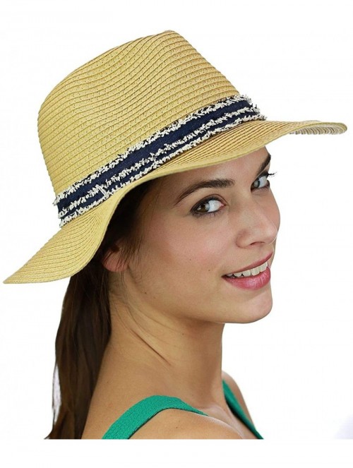 Fedoras Teardrop Dent Braided Trim Casual Panama Fedora Sun Hat - Fuzzy Navy Band - CK1959ESDW0 $21.91