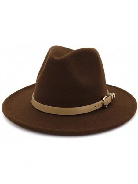 Fedoras Women Hats for Winter Wide Brim Fedora Hat with Classic Belt Buckle - Brown - CU18Z0XN7SH $16.12