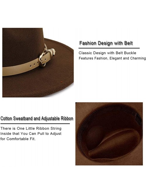 Fedoras Women Hats for Winter Wide Brim Fedora Hat with Classic Belt Buckle - Brown - CU18Z0XN7SH $16.12