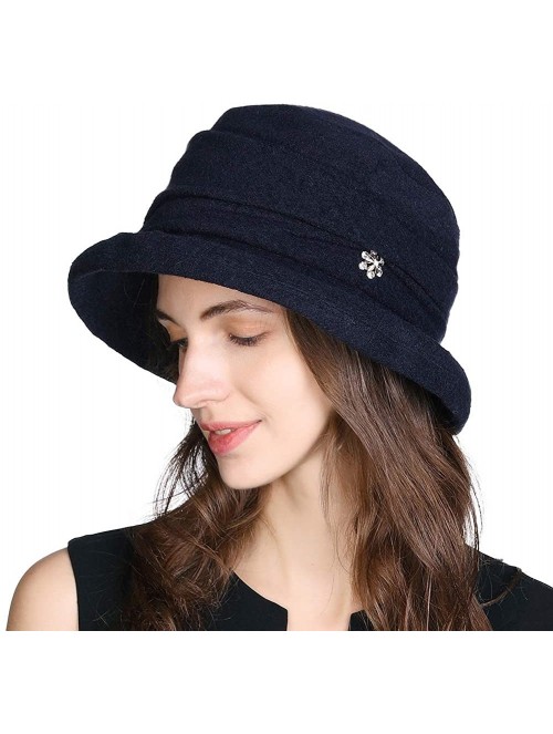 Bucket Hats Women Winter Wool Bucket Hat 1920s Vintage Cloche Bowler Hat with Bow/Flower Accent - 16060navy - CP18A5W92N5 $24.62