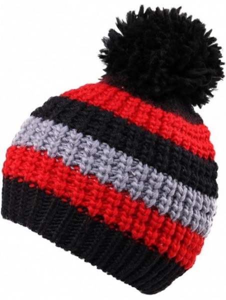 Skullies & Beanies Boys Girls Kids Knit Beanie with Pompom Toddlers Winter Hat Cap - Black Striped - CF185354RGT $10.20