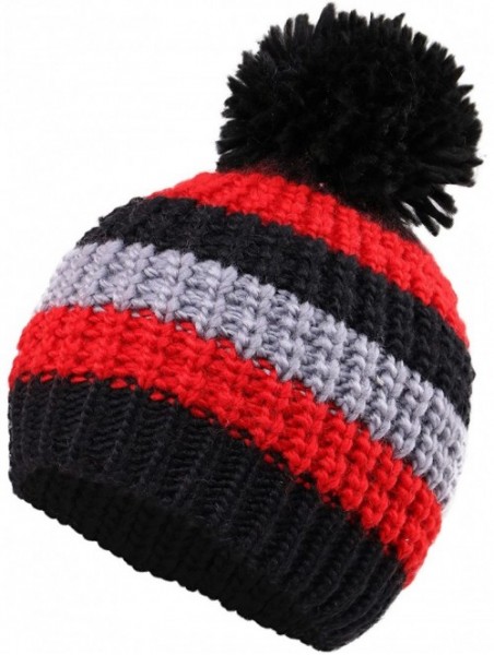 Skullies & Beanies Boys Girls Kids Knit Beanie with Pompom Toddlers Winter Hat Cap - Black Striped - CF185354RGT $10.20