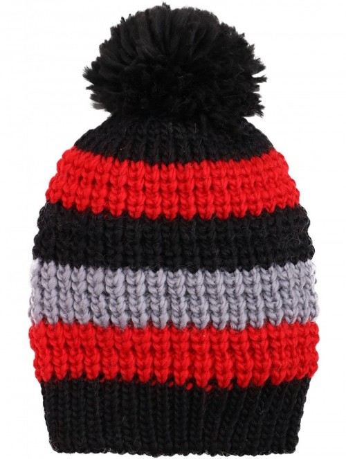 Skullies & Beanies Boys Girls Kids Knit Beanie with Pompom Toddlers Winter Hat Cap - Black Striped - CF185354RGT $10.20