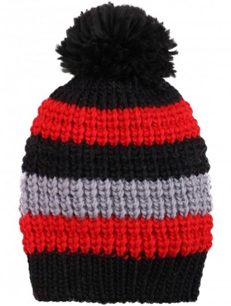 Skullies & Beanies Boys Girls Kids Knit Beanie with Pompom Toddlers Winter Hat Cap - Black Striped - CF185354RGT $10.20