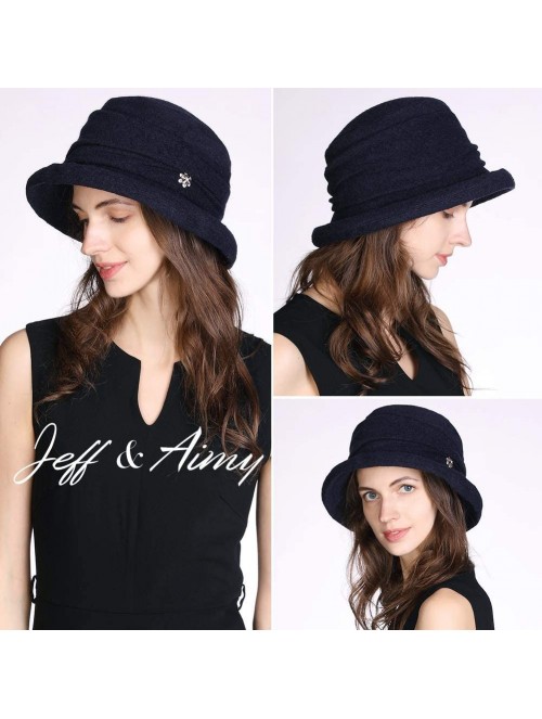 Bucket Hats Women Winter Wool Bucket Hat 1920s Vintage Cloche Bowler Hat with Bow/Flower Accent - 16060navy - CP18A5W92N5 $24.62