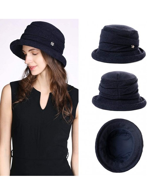 Bucket Hats Women Winter Wool Bucket Hat 1920s Vintage Cloche Bowler Hat with Bow/Flower Accent - 16060navy - CP18A5W92N5 $24.62