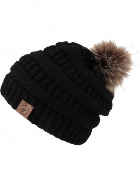 Skullies & Beanies Cable Knit Ribbed Pom Beanie Winter Hat Slouchy Cap HZP0030 - Black - CG18L82ROCI $14.55