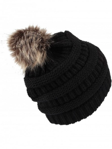 Skullies & Beanies Cable Knit Ribbed Pom Beanie Winter Hat Slouchy Cap HZP0030 - Black - CG18L82ROCI $14.55