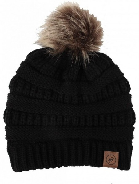 Skullies & Beanies Cable Knit Ribbed Pom Beanie Winter Hat Slouchy Cap HZP0030 - Black - CG18L82ROCI $14.55