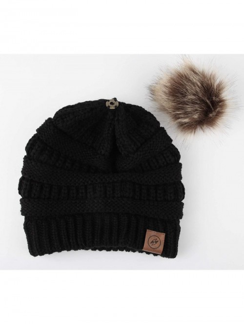 Skullies & Beanies Cable Knit Ribbed Pom Beanie Winter Hat Slouchy Cap HZP0030 - Black - CG18L82ROCI $14.55