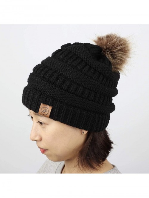 Skullies & Beanies Cable Knit Ribbed Pom Beanie Winter Hat Slouchy Cap HZP0030 - Black - CG18L82ROCI $14.55