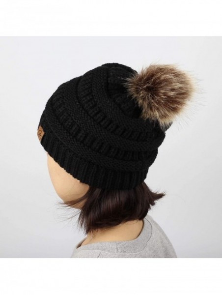 Skullies & Beanies Cable Knit Ribbed Pom Beanie Winter Hat Slouchy Cap HZP0030 - Black - CG18L82ROCI $14.55