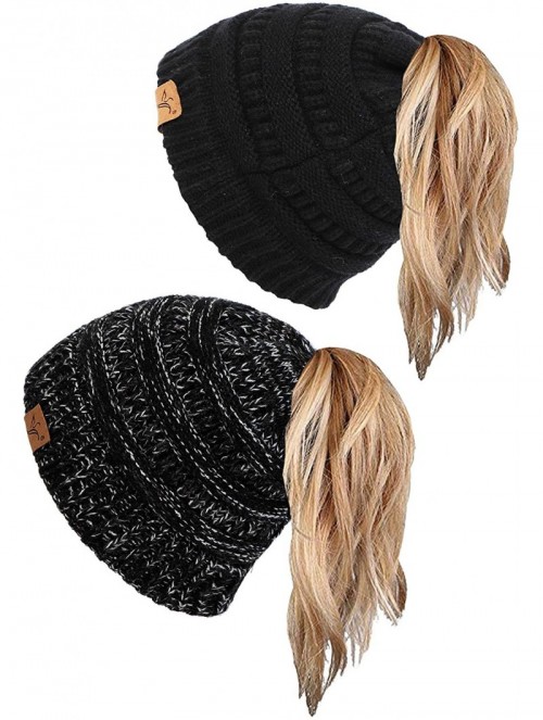 Skullies & Beanies Ponytail Messy Bun Beanie Tail Knit Hole Soft Stretch Cable Winter Hat for Women - CS18X4AS9H0 $20.39