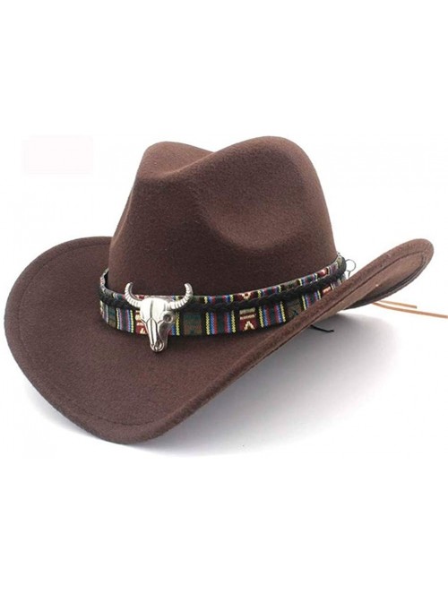 Cowboy Hats Mens Womens Wool Felt Western Cowboy Hat Outdoor Wide Brim Hat Caps with Strap - Brown - CC18LZKDXXK $15.54