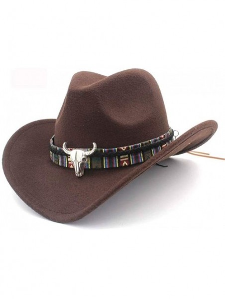 Cowboy Hats Mens Womens Wool Felt Western Cowboy Hat Outdoor Wide Brim Hat Caps with Strap - Brown - CC18LZKDXXK $15.54