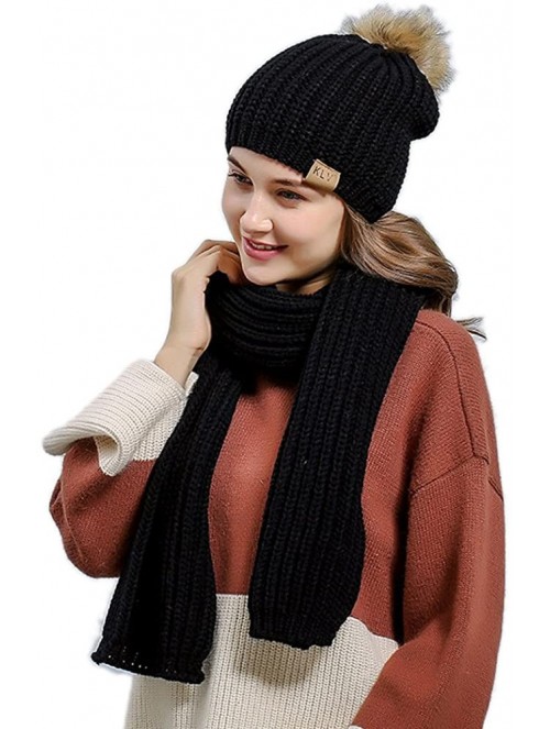 Skullies & Beanies Fashion Women's Warm Crochet Knitted Beanie Hat and Scarf Set with Fur Poms - 1 Black - CN1884MY9YE $26.98