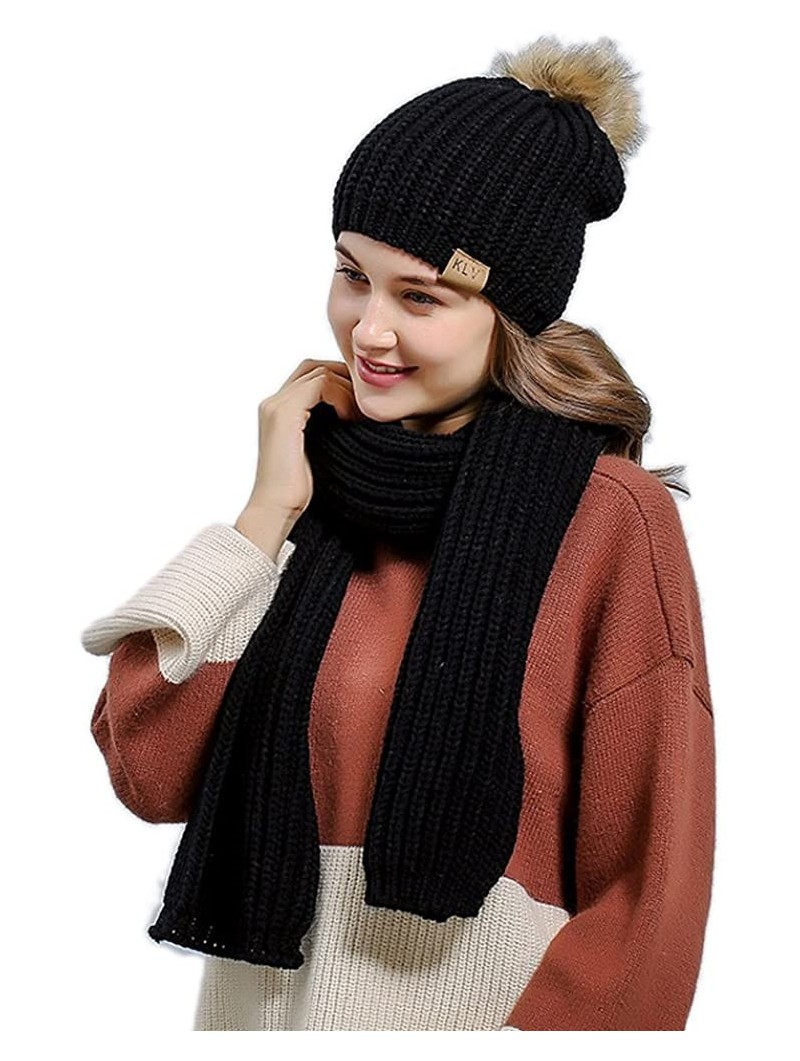 Skullies & Beanies Fashion Women's Warm Crochet Knitted Beanie Hat and Scarf Set with Fur Poms - 1 Black - CN1884MY9YE $26.98