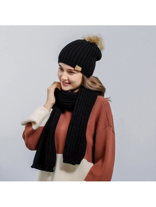 Skullies & Beanies Fashion Women's Warm Crochet Knitted Beanie Hat and Scarf Set with Fur Poms - 1 Black - CN1884MY9YE $26.98