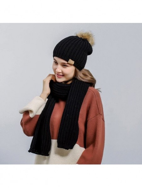 Skullies & Beanies Fashion Women's Warm Crochet Knitted Beanie Hat and Scarf Set with Fur Poms - 1 Black - CN1884MY9YE $26.98