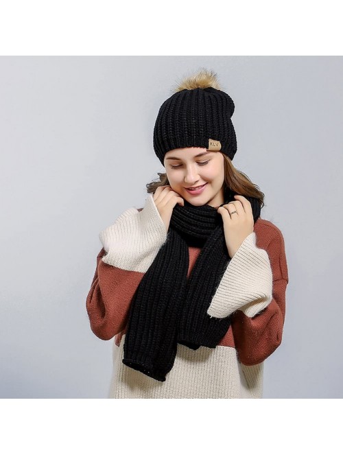 Skullies & Beanies Fashion Women's Warm Crochet Knitted Beanie Hat and Scarf Set with Fur Poms - 1 Black - CN1884MY9YE $26.98