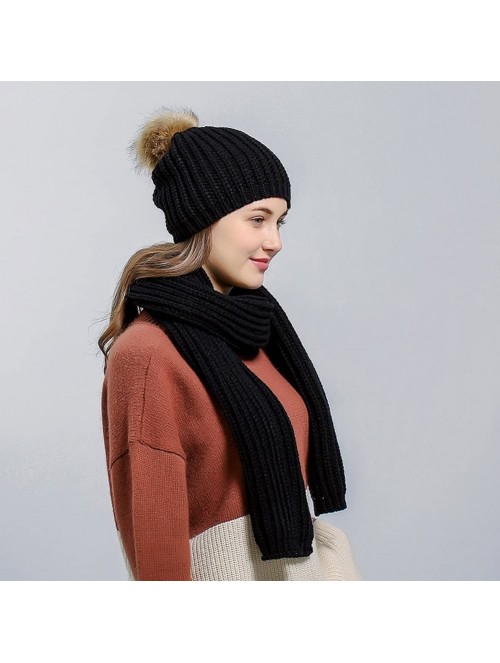 Skullies & Beanies Fashion Women's Warm Crochet Knitted Beanie Hat and Scarf Set with Fur Poms - 1 Black - CN1884MY9YE $26.98