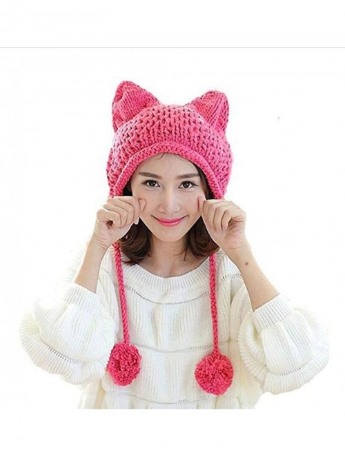 Skullies & Beanies Hot Pink Pussy Cat Beanie for Women's March Knitted Hat with Pom Pom Ear Cap - Watermellon Red - CR189KCI9...