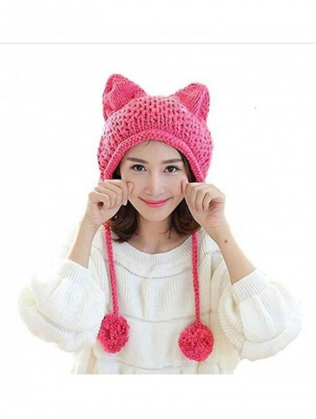 Skullies & Beanies Hot Pink Pussy Cat Beanie for Women's March Knitted Hat with Pom Pom Ear Cap - Watermellon Red - CR189KCI9...