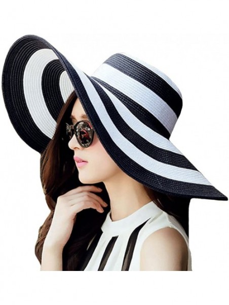 Sun Hats Womens Floppy Summer Sun Beach Straw Hats Wide Brim Panama Beachwear - Black Striped - CX17YUH2QZY $25.45