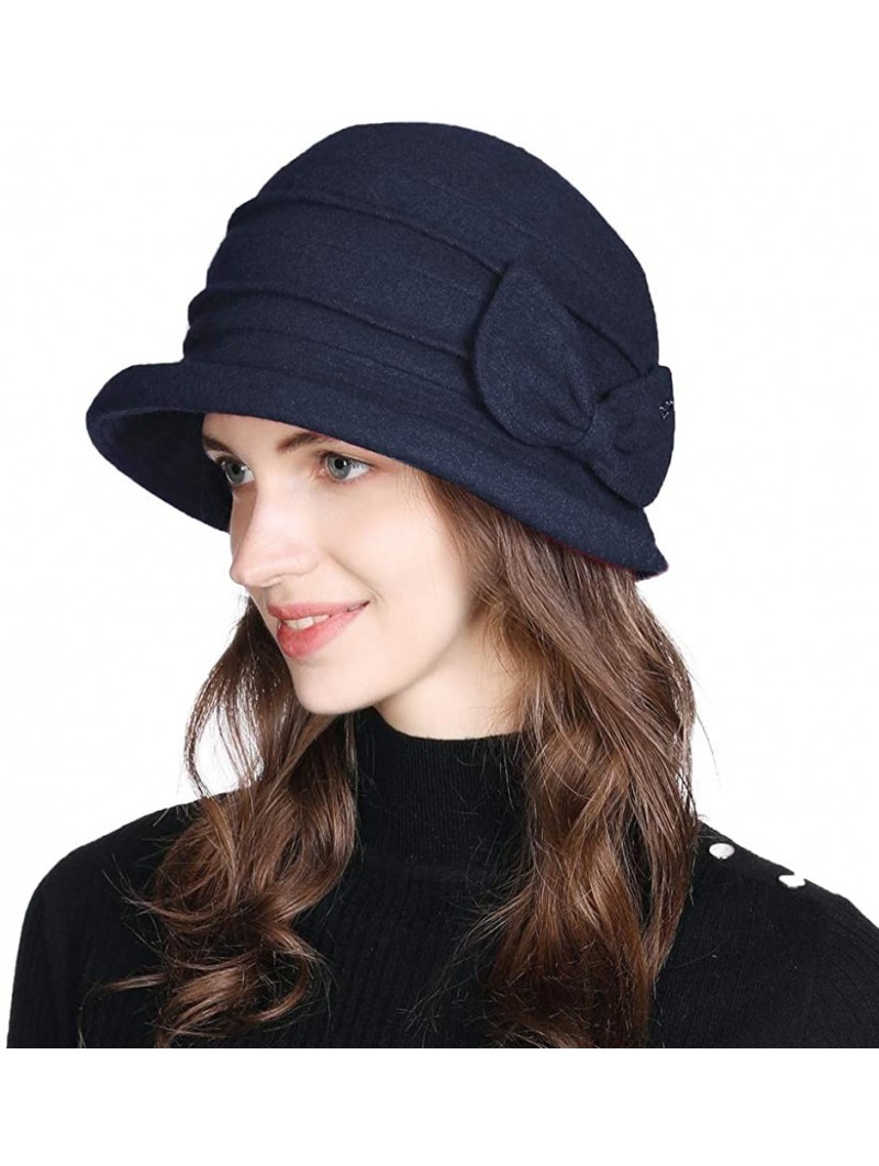 Bucket Hats Ladies Wool Cloche Hats Winter Bucket Hat 1920s Vintage Derby Hat Foldable - 00769_navyblue - C7192EM5O0W $18.86