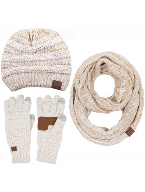 Skullies & Beanies 3pc Set Trendy Warm Chunky Soft Stretch Cable Knit Beanie Scarves Gloves Set - Metallic Ivory Gold - C0187...